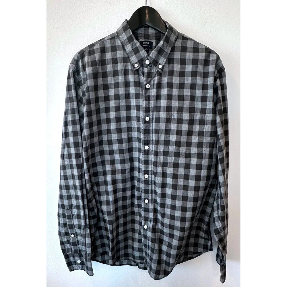 J. Crew Mens XL Gray Black Gingham Buffalo Check Heathered Cotton Shirt 47166